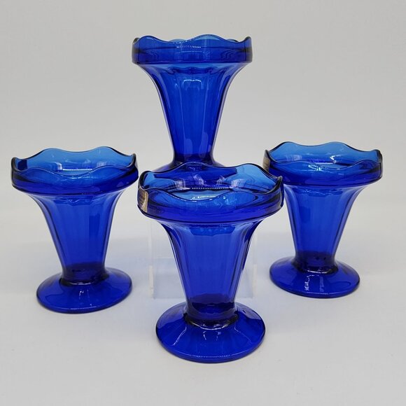 Luminarc French Cobalt Blue Parfait Glass Ice Cream Cup Lot 4 Scalloped VTG - Picture 4 of 10